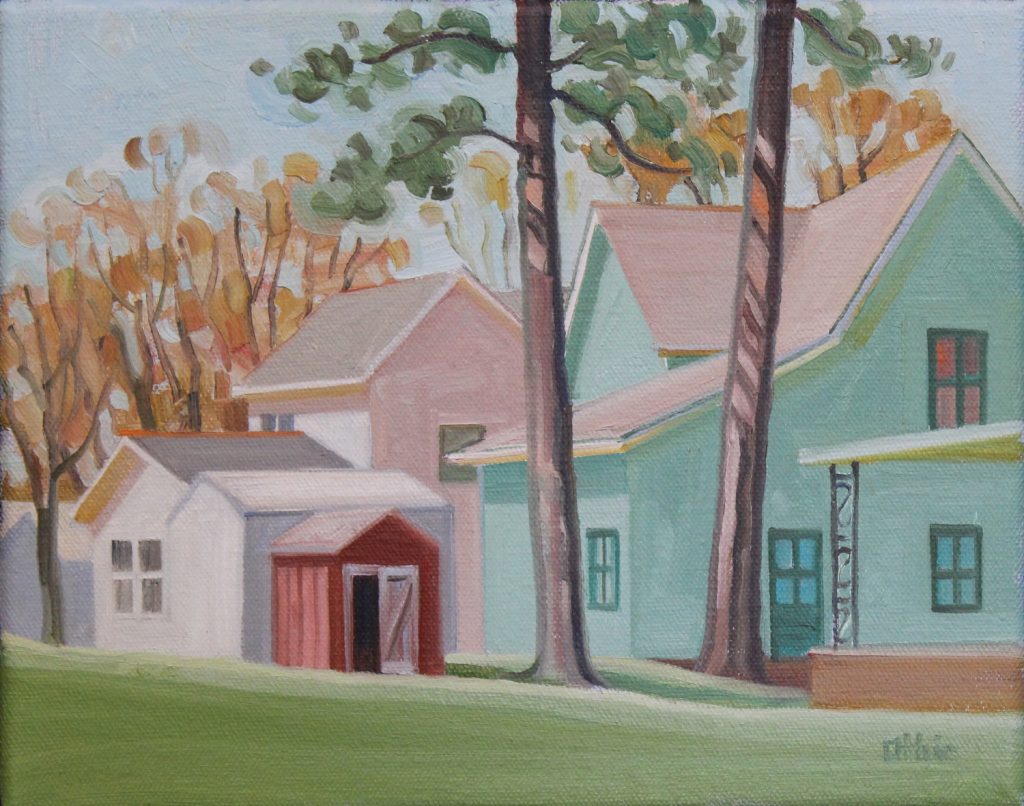 Oil painting of a mint-green house, white outbuilding, and red shed among tall pine trees on a green lawn.