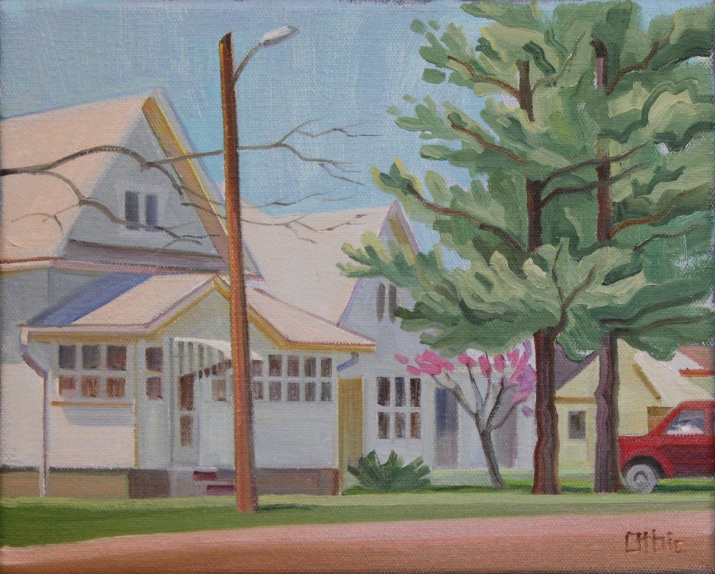 Oil painting of two white bungalow houses on a residential street with trees, a utility pole, and a red truck.
