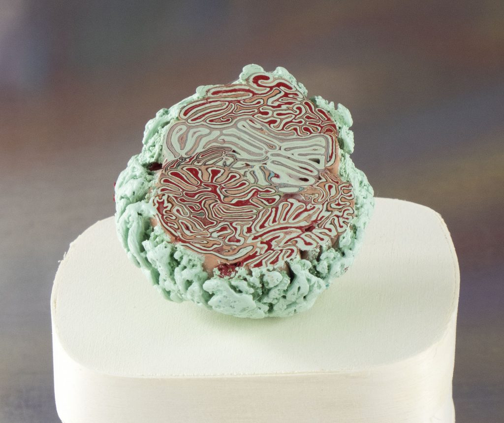 Encaustic sculpture of a round mint-green form on a white pedestal, cross-sectioned to reveal dense red and grey labyrinthine layers.
