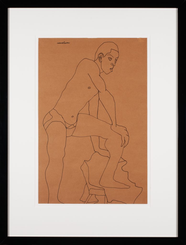 Ink line drawing of a seated nude male figure on terracotta paper, torso twisted, head turned to look back.