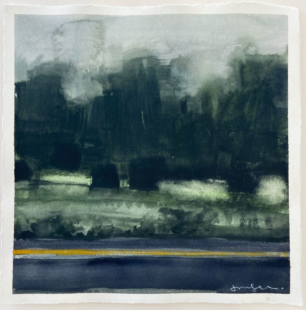 Watercolor landscape of a dark, misty treeline above a deep indigo band with a single thin ochre stripe.