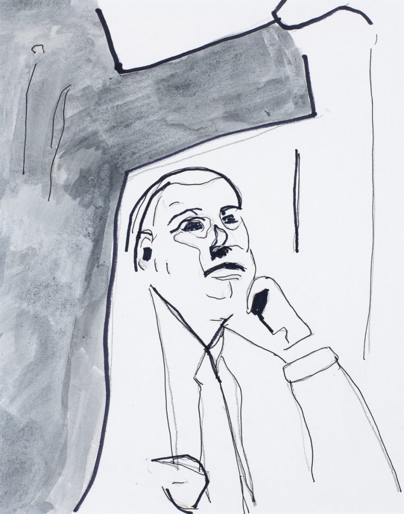 Ink and pencil drawing of a middle-aged man in a suit looking upward, hand raised to his chin, beside an architectural corner.