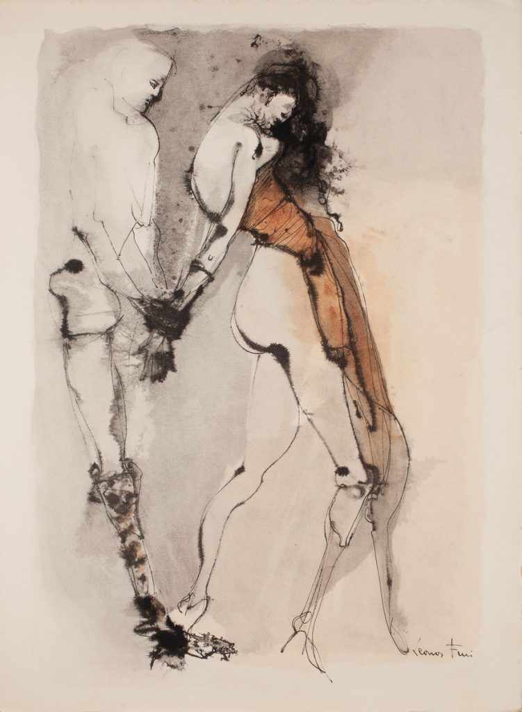 Lithograph of two nude figures facing each other, rendered in loose ink lines with warm orange washes on cream paper.