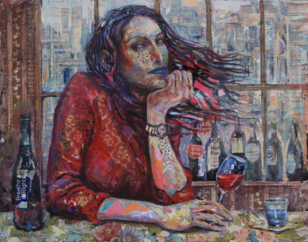 Mixed-media painting of a woman in a red patterned top seated at a table with a wine glass and bottle.