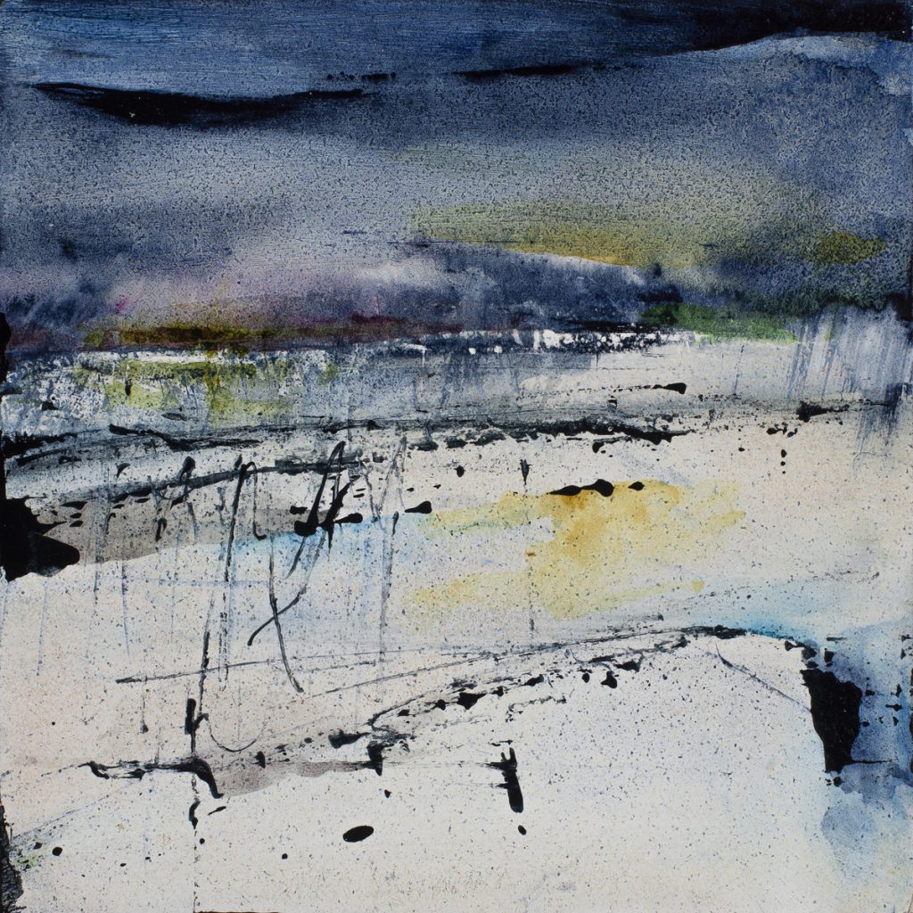 Abstract watercolor and ink painting with dark indigo washes above a pale ground scattered with black ink splatters and gestural marks.