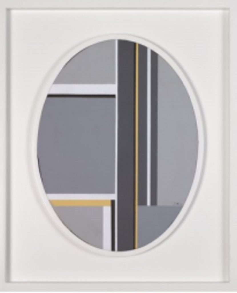 Abstract oil painting of grey, black, white, and gold geometric rectangles within an oval tondo format.