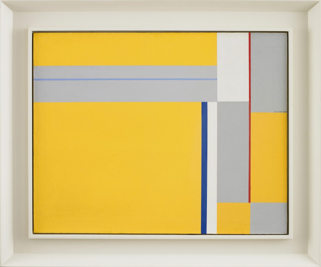 Abstract oil painting of bold yellow fields divided by grey, white, blue, and red geometric bands and stripes.