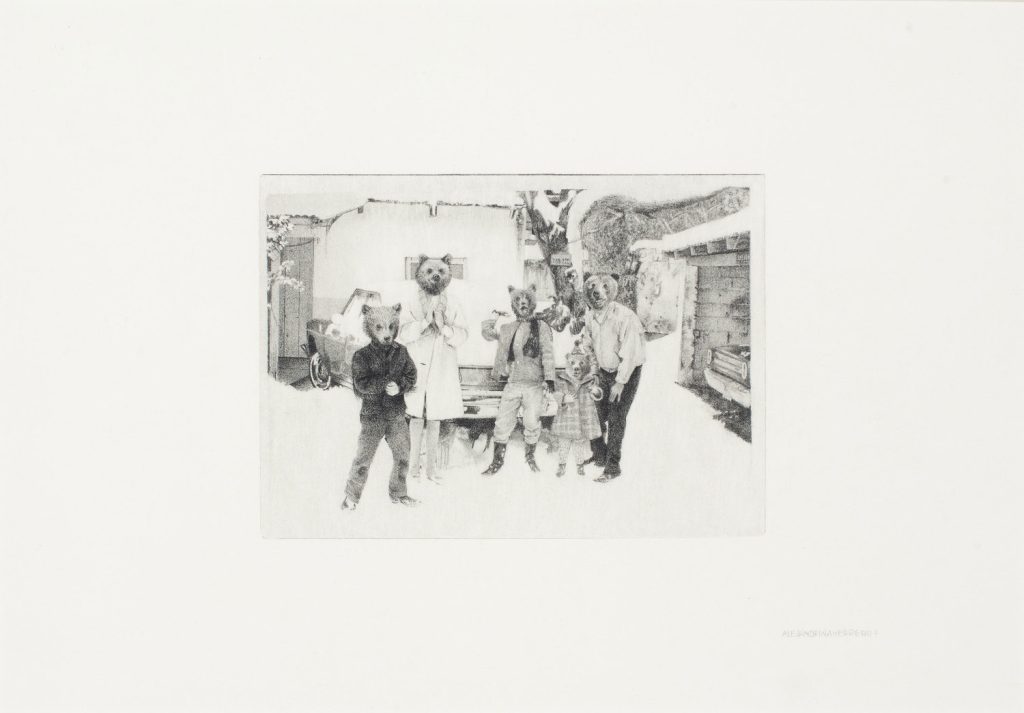 Pencil drawing of five figures with bear heads posed in a snowy yard beside a vintage caravan and wooden sheds.