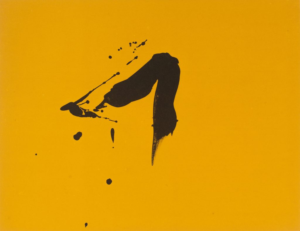 Abstract lithograph of a bold black gestural brushstroke and ink splatters on a vivid yellow ground.
