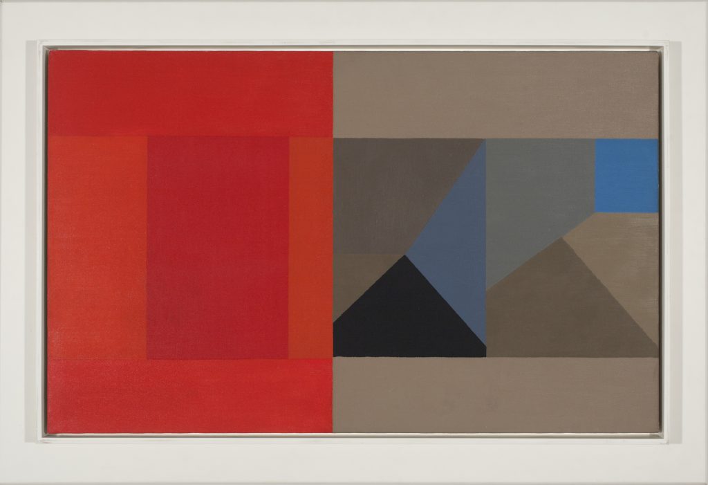 Oil painting of hard-edge geometric shapes in red, taupe, blue, and black arranged in two contrasting zones.