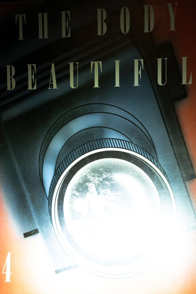Archival pigment print of a large circular stage spotlight with blazing white lens and overlaid bold typography.