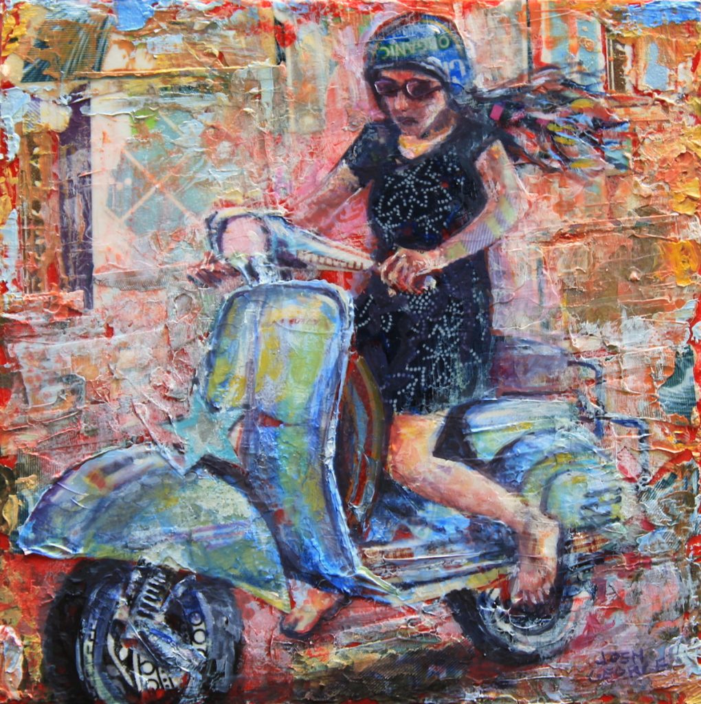 Mixed-media painting of a young woman in a helmet riding a blue vintage scooter against a red and orange background.