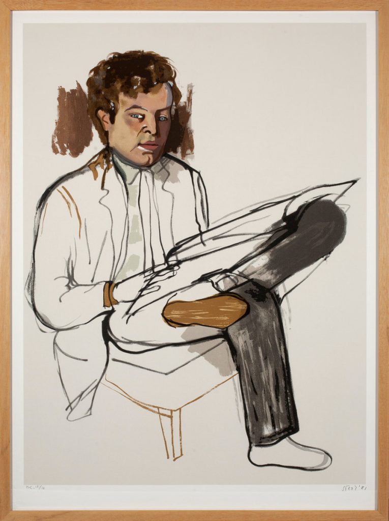 Lithograph of a seated young man in a white shirt holding a drawing board, rendered in loose lines and earthy tones.