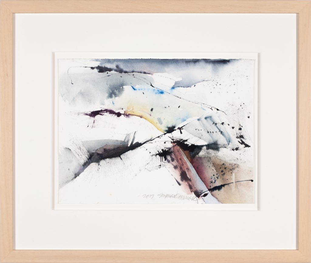 Abstract watercolor and ink work with sweeping gray washes, ink splatters, and accents of blue, ochre, and rose on white paper.