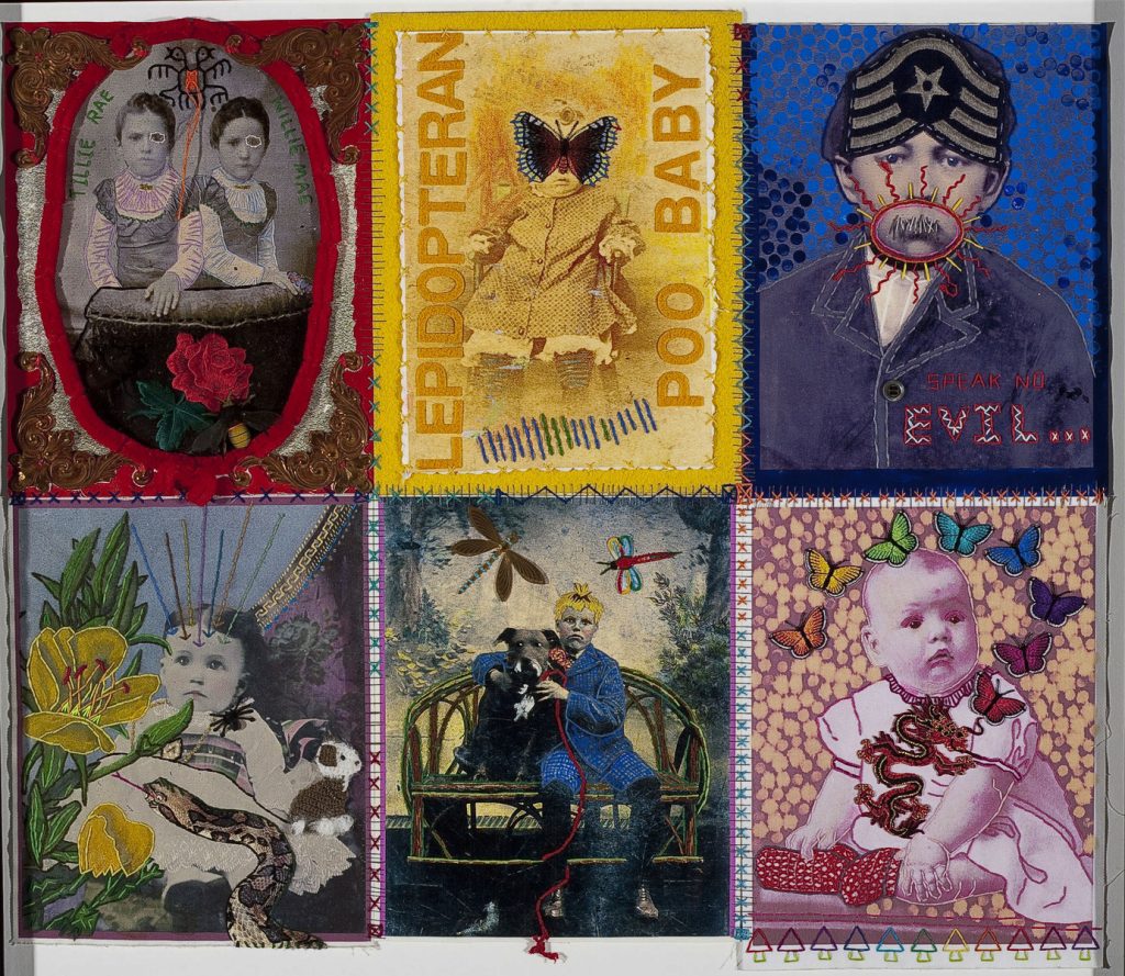 Six-panel mixed-media collage combining vintage children's photographs with colorful embroidered butterflies, snakes, and text.