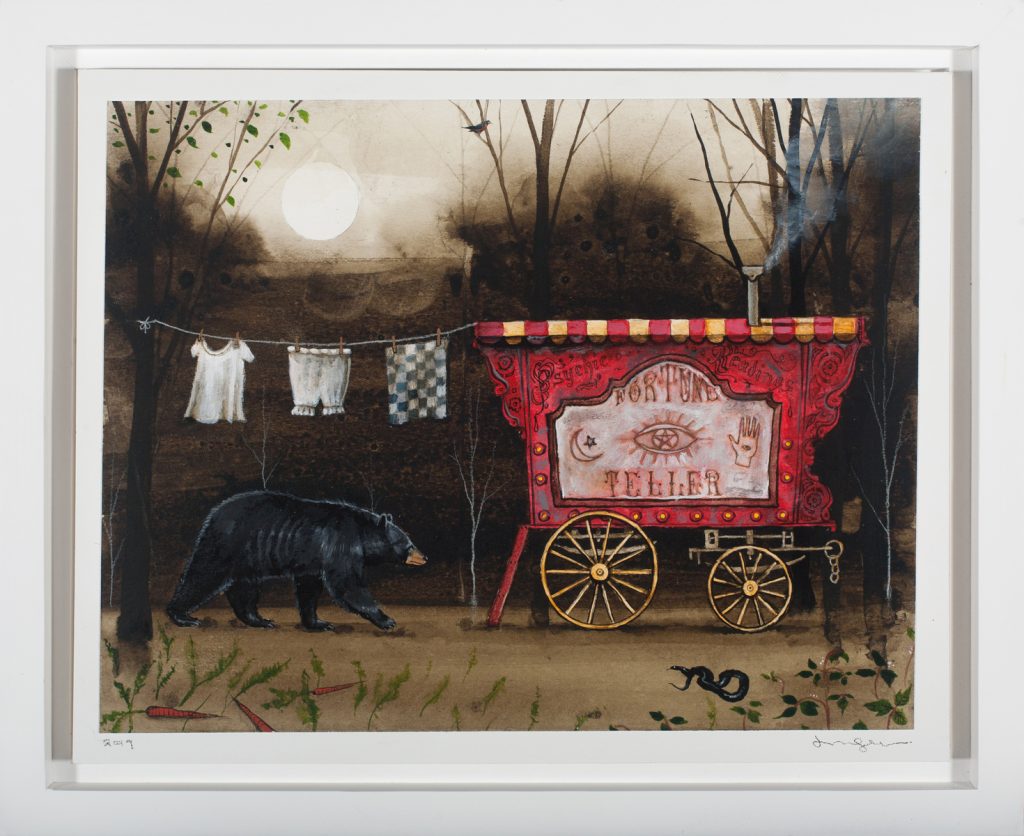 Mixed-media painting of a black bear walking past a red ornate fortune teller wagon in a moonlit forest clearing.