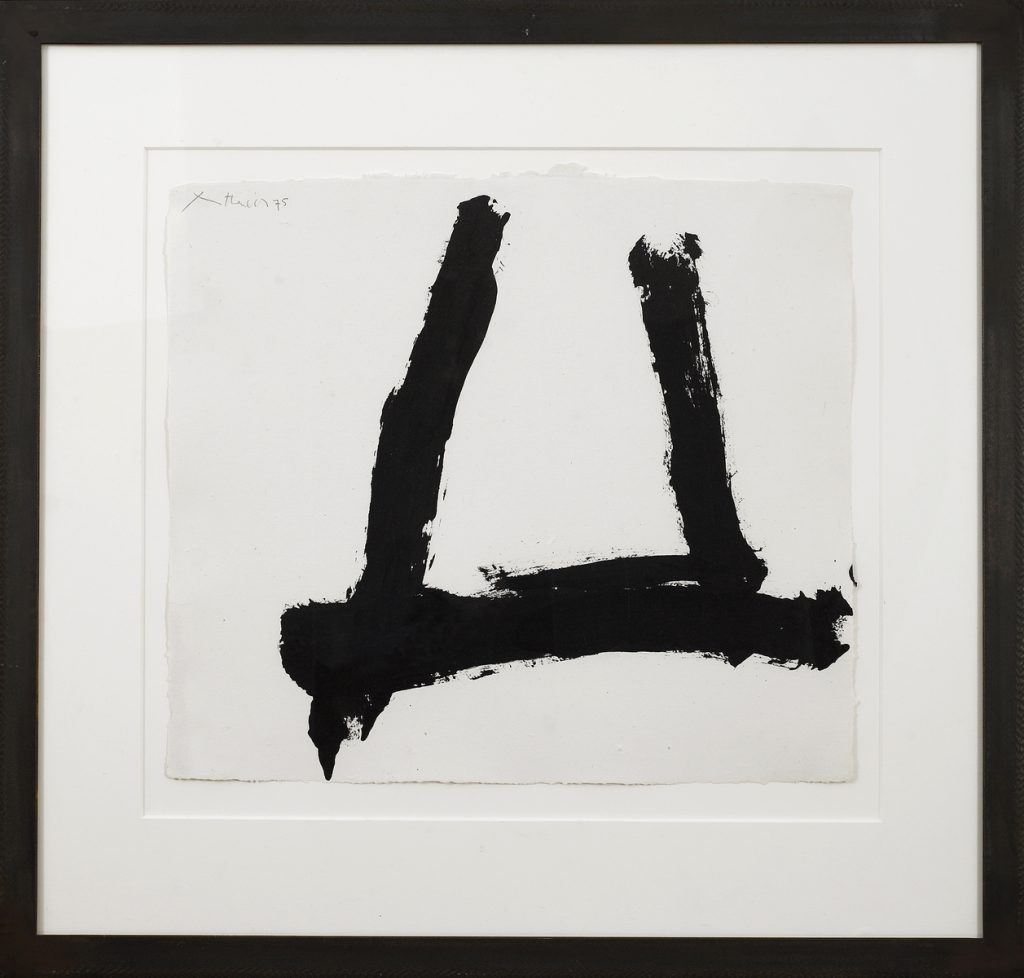 Abstract acrylic painting of two bold black vertical strokes joined by a sweeping horizontal bar on white paper.