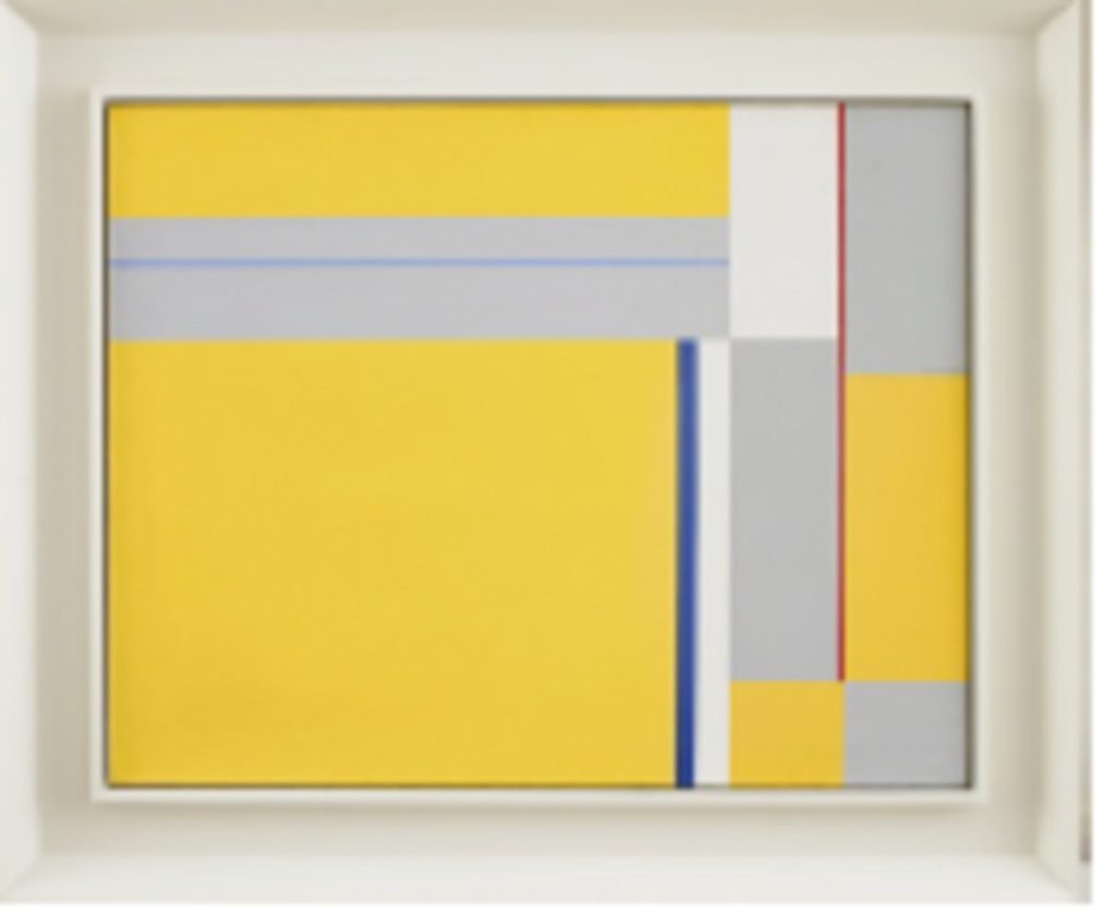 Abstract painting of large yellow fields divided by thin red, blue, and grey vertical and horizontal stripes on canvas.