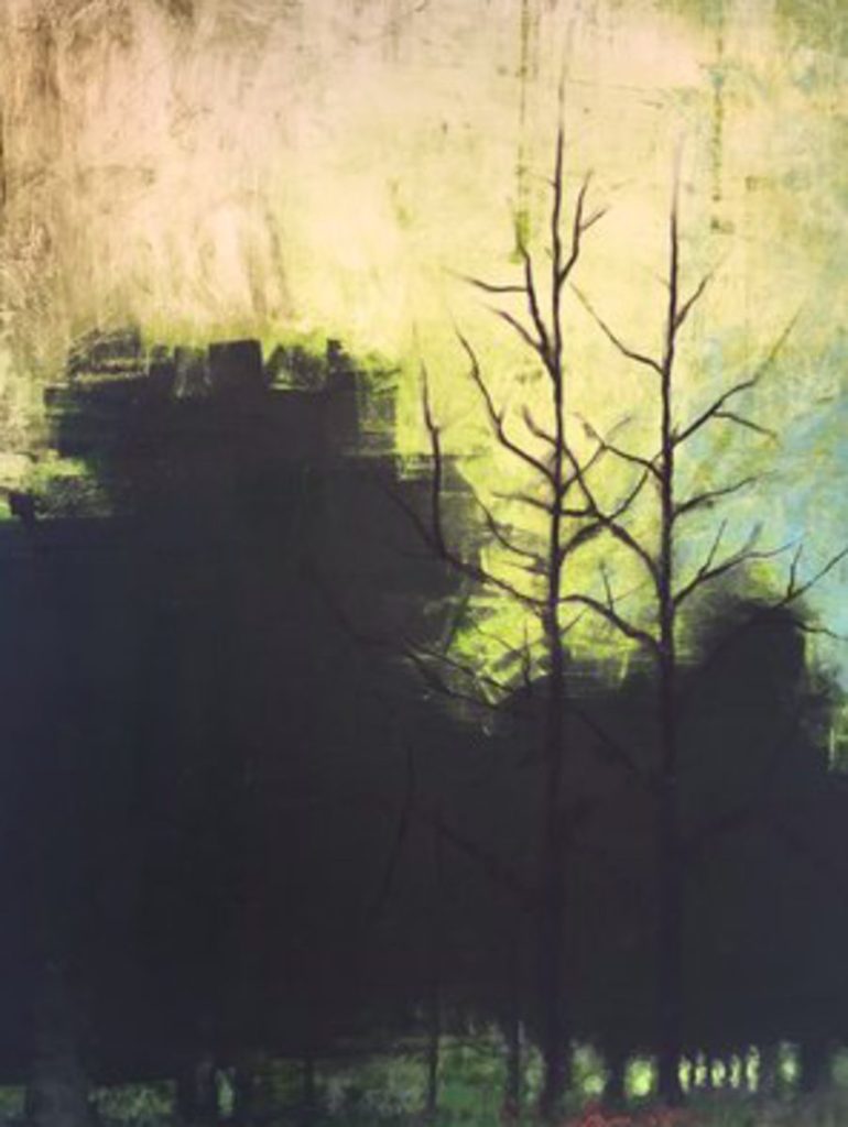 Painting of bare tree silhouettes rising against a luminous yellow-green sky above a dark, heavily layered foreground.