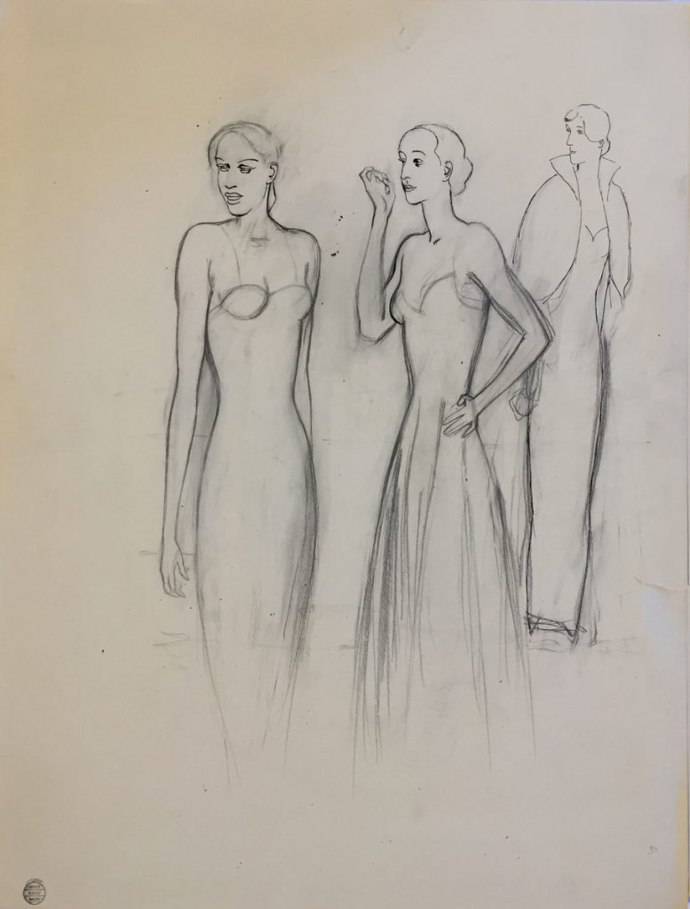 Pencil and ink drawing of three elegantly dressed figures, two women in strapless gowns and one in a coat, on cream paper.