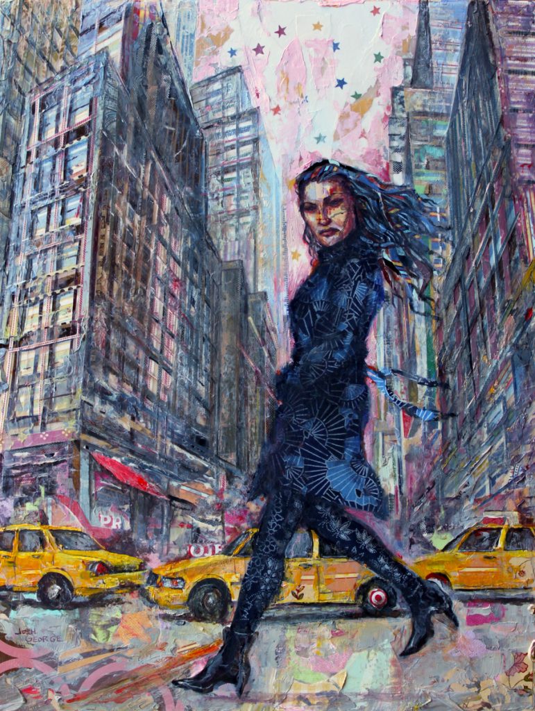 Mixed-media painting of a woman in a dark bodysuit striding across a New York City street lined with yellow taxis.