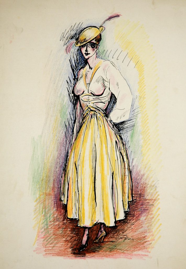 Pastel and ink drawing of a standing woman in a yellow skirt and feathered hat on a colorfully hatched background.