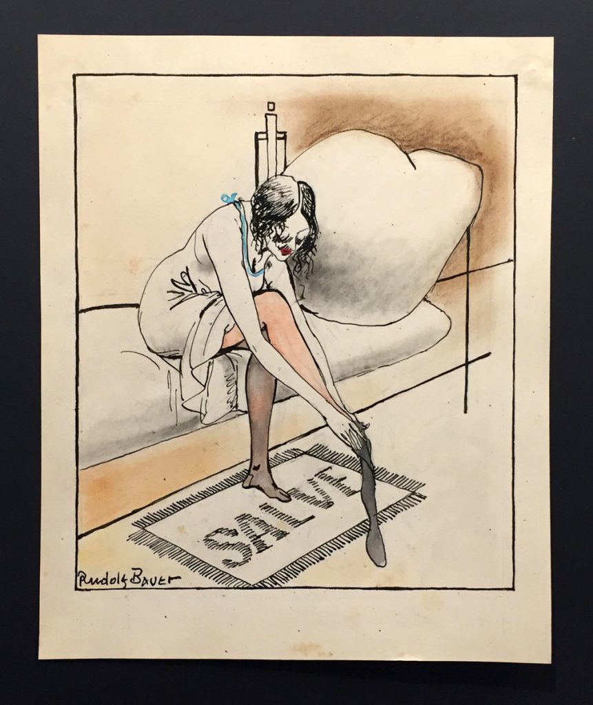 Ink and watercolor drawing of a seated woman leaning forward to pull on a dark stocking in a sparse interior.