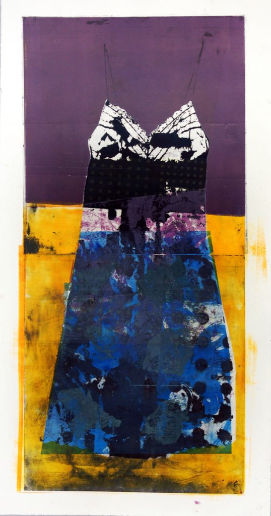 Monoprint of a sleeveless dress in blue and black against a purple and bright orange-yellow ground.