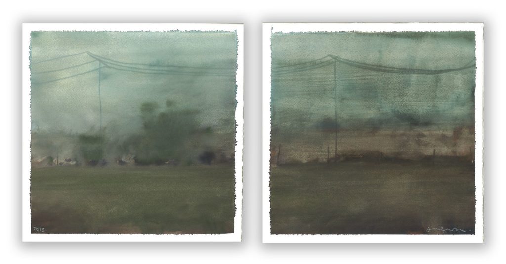Watercolor diptych of misty flat landscapes with power line pylons rising through fog above dark fields.