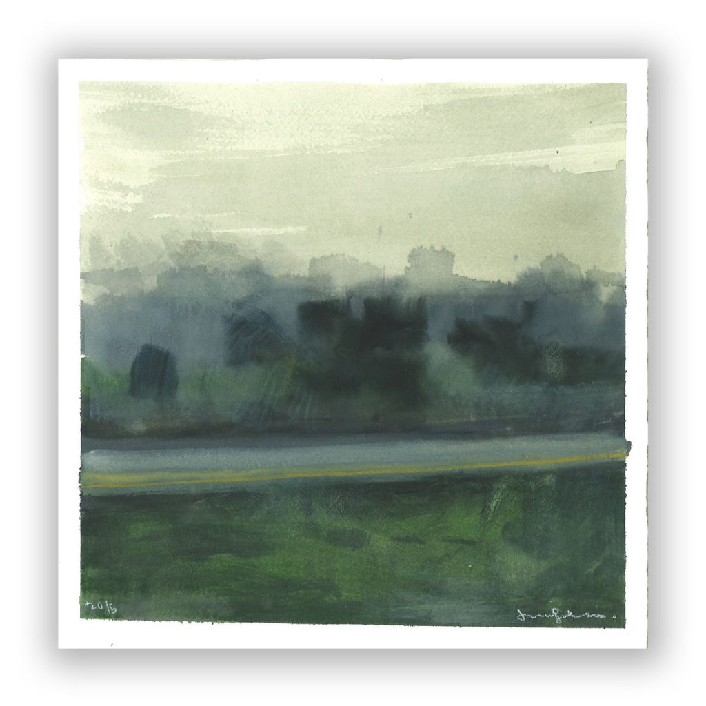 Watercolor of a misty road flanked by green fields with a treeline and pale sky in the background.