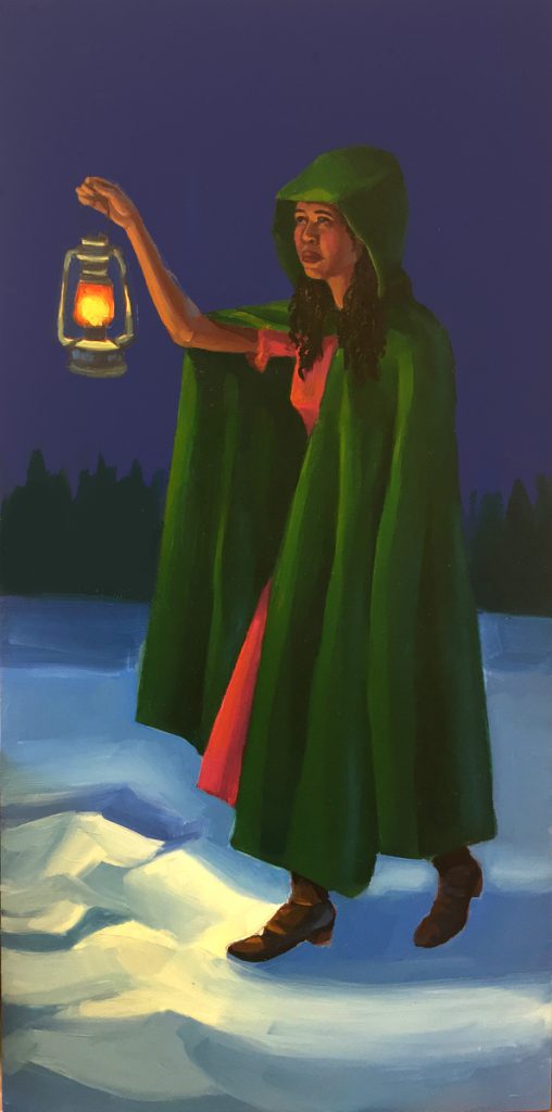 Oil painting of a woman in a green hooded cloak holding a lit lantern in a snowy night landscape.