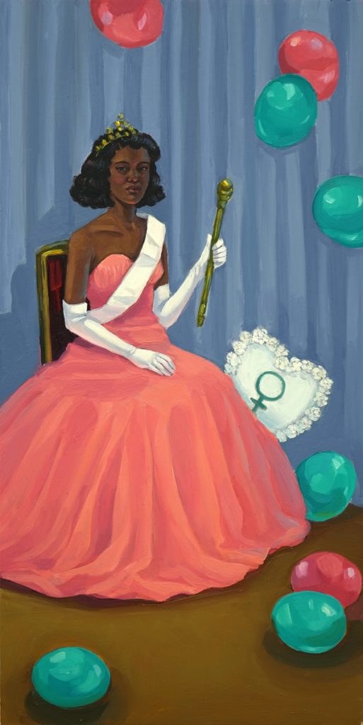 Oil painting of a seated woman in a pink ball gown and crown holding a gold scepter, with balloons and a heart-shaped pillow nearby.