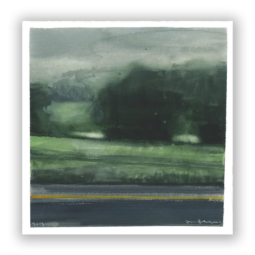 Watercolor landscape of dark green trees and fields beneath a grey sky, with a road and yellow line in the foreground.