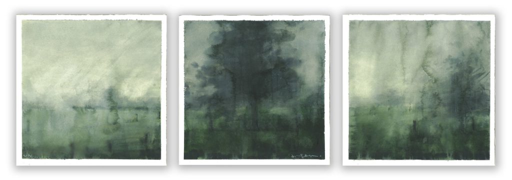 Triptych of watercolor landscapes depicting misty fields and trees in deep greens and grey-blues.