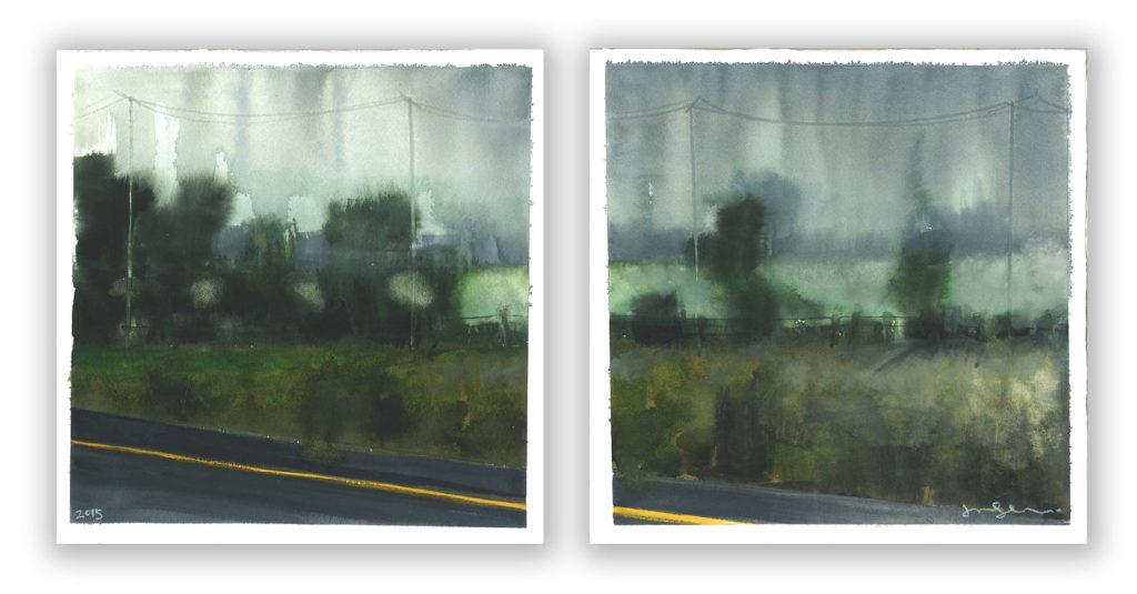 Diptych watercolor of a rain-blurred roadside treeline with utility poles and a yellow-lined asphalt road in the foreground.