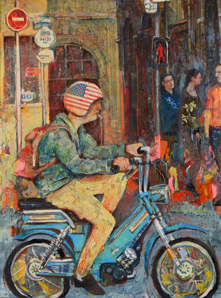 Mixed-media painting of a bearded man in an American flag helmet riding a blue moped through a city street.