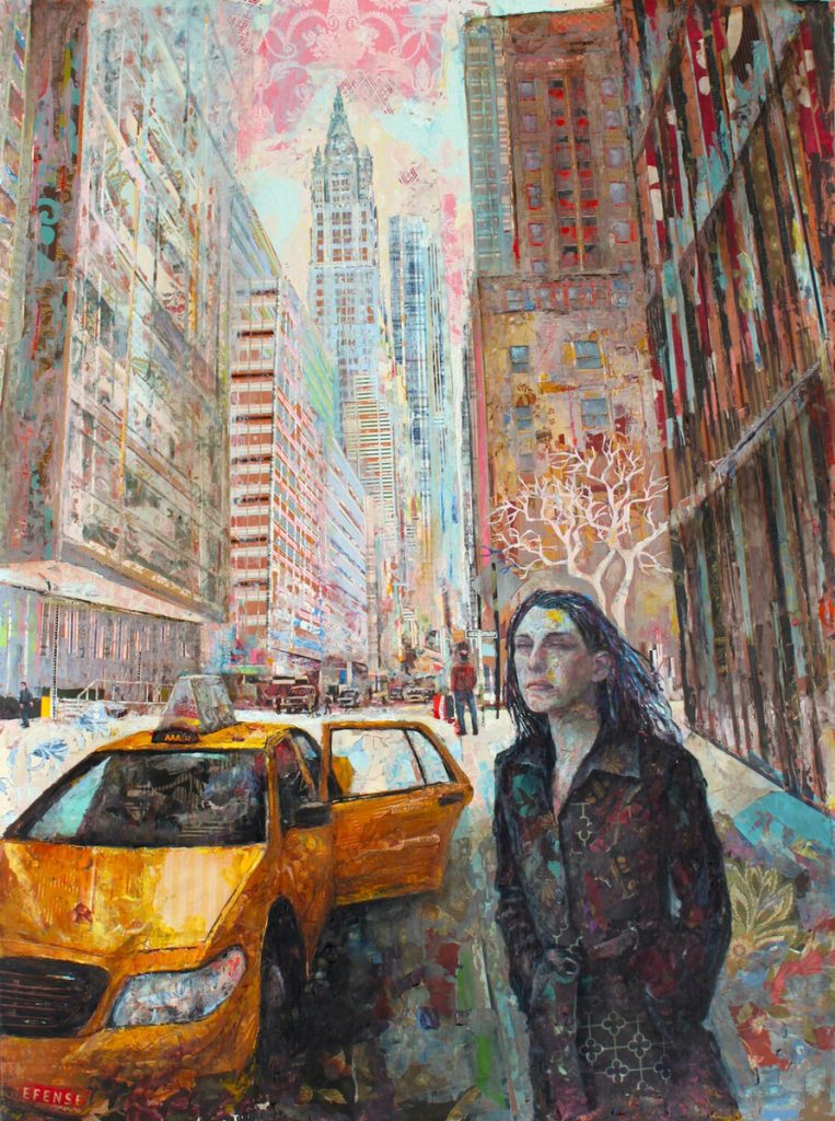 Mixed-media painting of a woman standing on a New York City street beside a yellow taxi, with skyscrapers behind her.