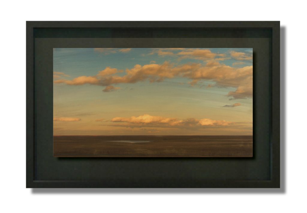 Painting of a flat prairie landscape under a wide sky filled with warm-toned cumulus clouds at golden hour.