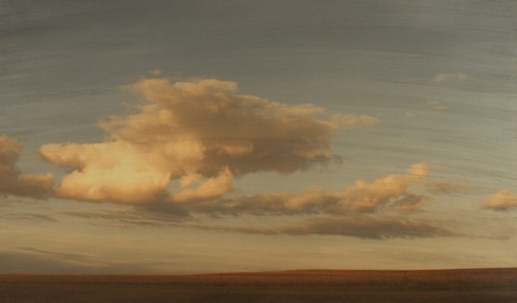 Painting of a wide prairie flatland under a vast sky with warm golden-lit cumulus clouds at dusk.