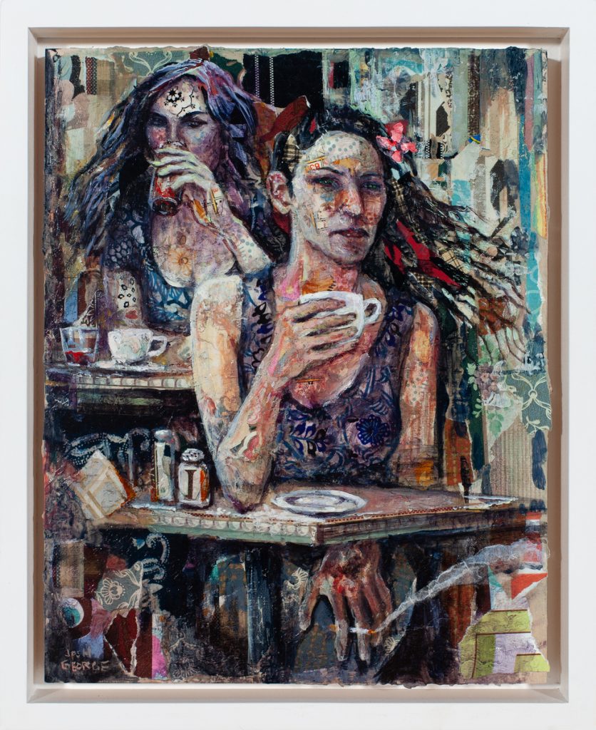 Mixed-media painting of two tattooed women seated at café tables holding white cups, surrounded by layered collage.