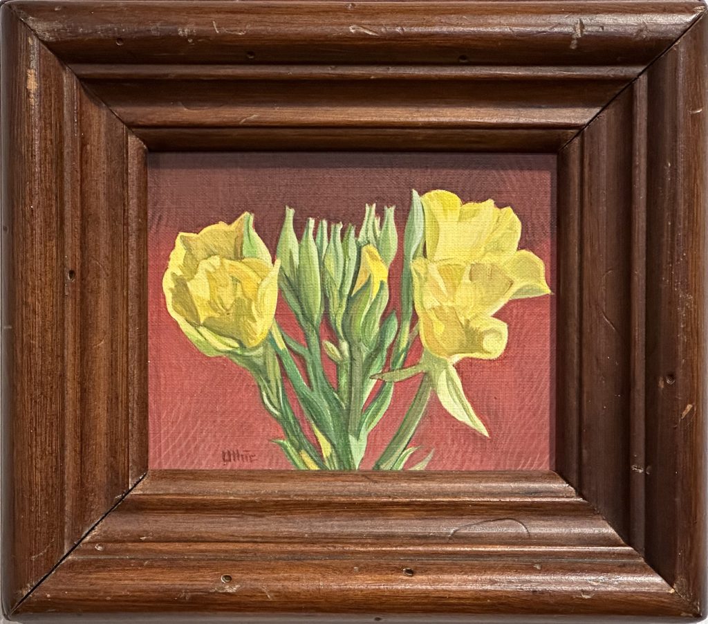 Acrylic painting of two yellow tulips with green buds and stems against a rose-red background.
