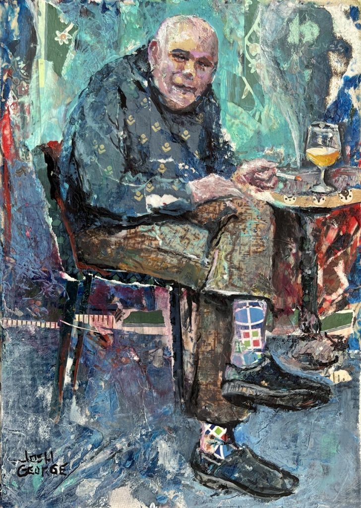 Oil and collage painting of a bald man seated in a chair, holding a cigarette beside a glass of beer.