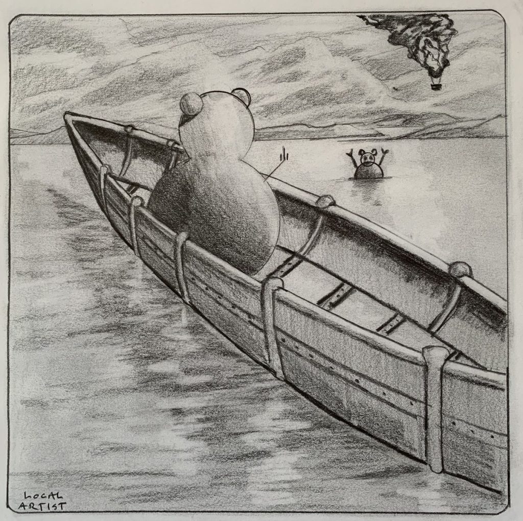 Graphite print of a cartoon bear in a wooden rowboat fishing toward a small creature emerging from a lake.