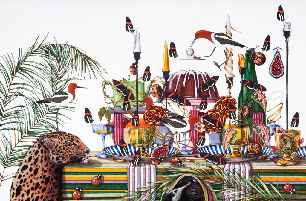 Ink drawing of a crowded banquet table with butterflies, birds, a leopard, glassware, and tropical foliage.