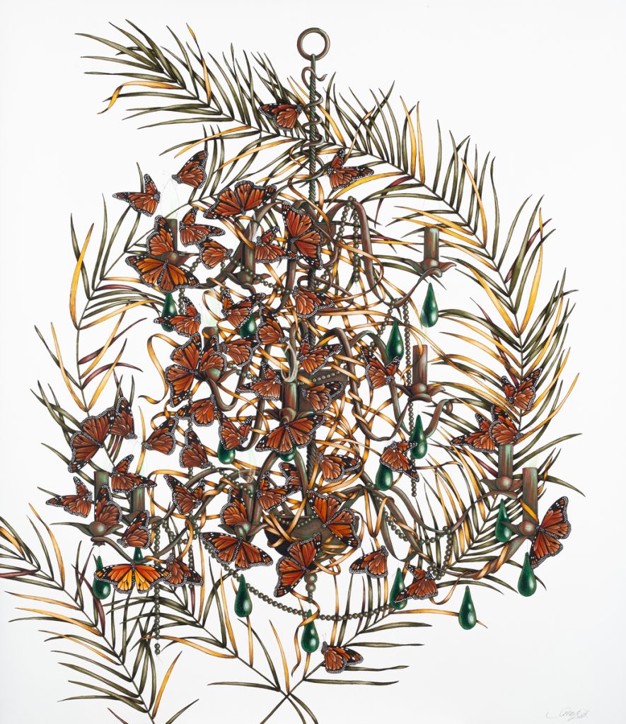 Ink drawing of a chandelier densely covered in monarch butterflies and palm fronds on white paper.