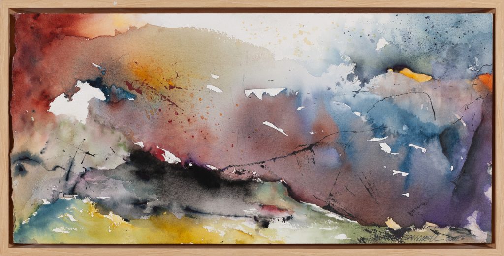 Abstract ink and watercolor painting of sweeping washes in mauve, crimson, blue, and amber on white paper.