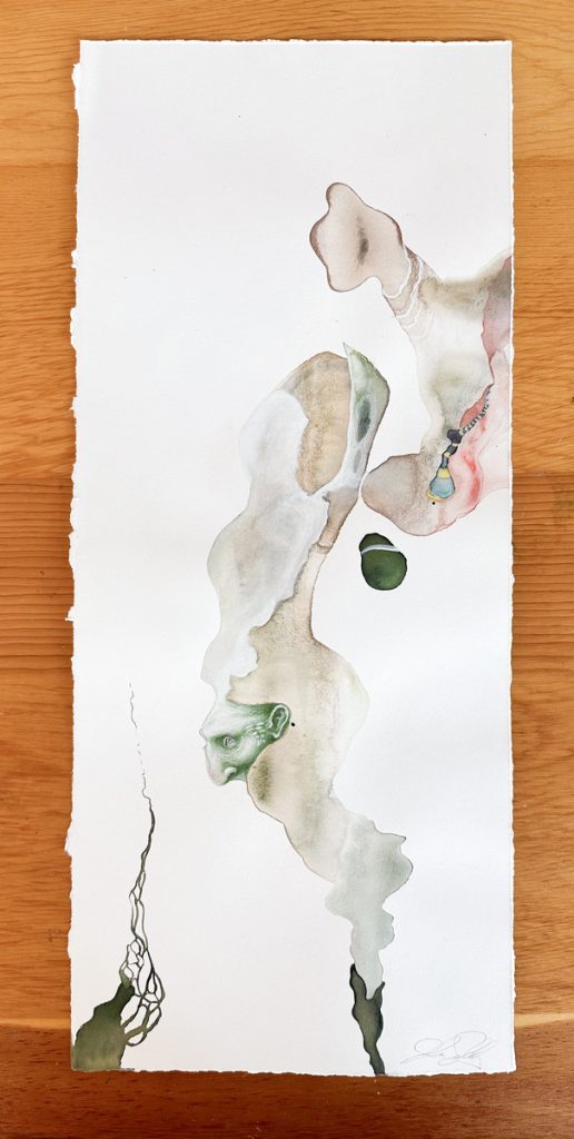 Watercolor and ink work on white paper featuring a ghostly green face amid drifting biomorphic forms and dark tendrils.