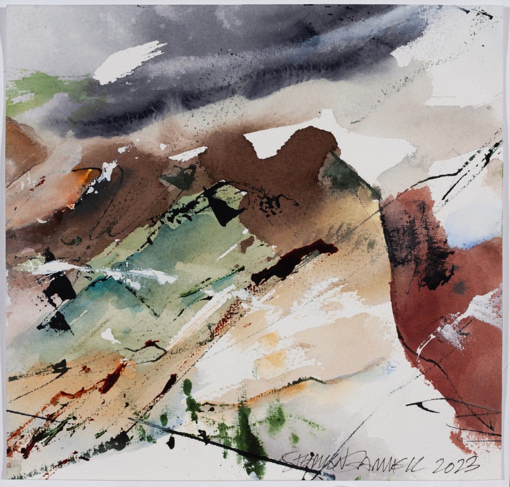 Abstract painting of sweeping earth-toned shapes suggesting hilly terrain beneath a dark stormy sky, with energetic ink lines.