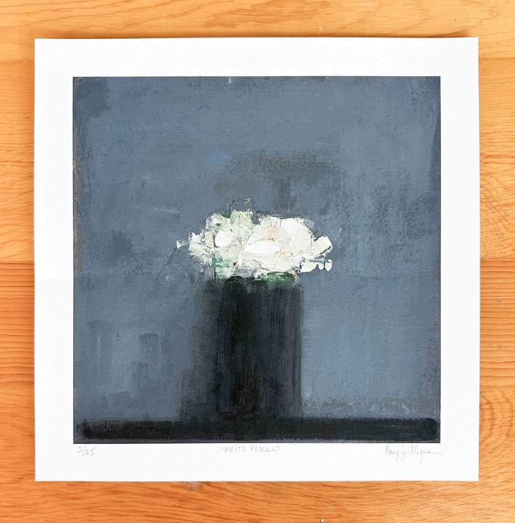 Print of white flowers in a tall dark vase against a muted grey background, rendered with loose expressive brushwork.