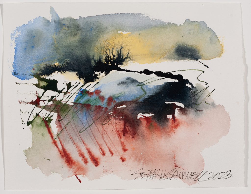 Abstract ink and watercolor on paper with sweeping black lines over layered blue, ochre, red, and green washes.